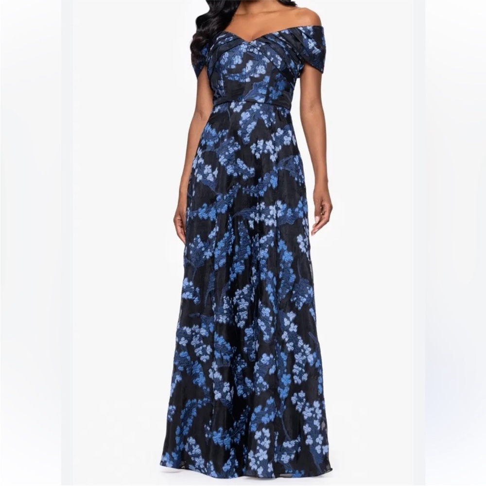 Betsy & Adam Black and Blue Floral Off-Shoulder Maxi Dress